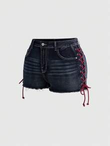 ROMWE Plus Size Gothic Heart Embroidery Pocket Design Drawstring Mini Super Short Denim Shorts - Blue - View 2