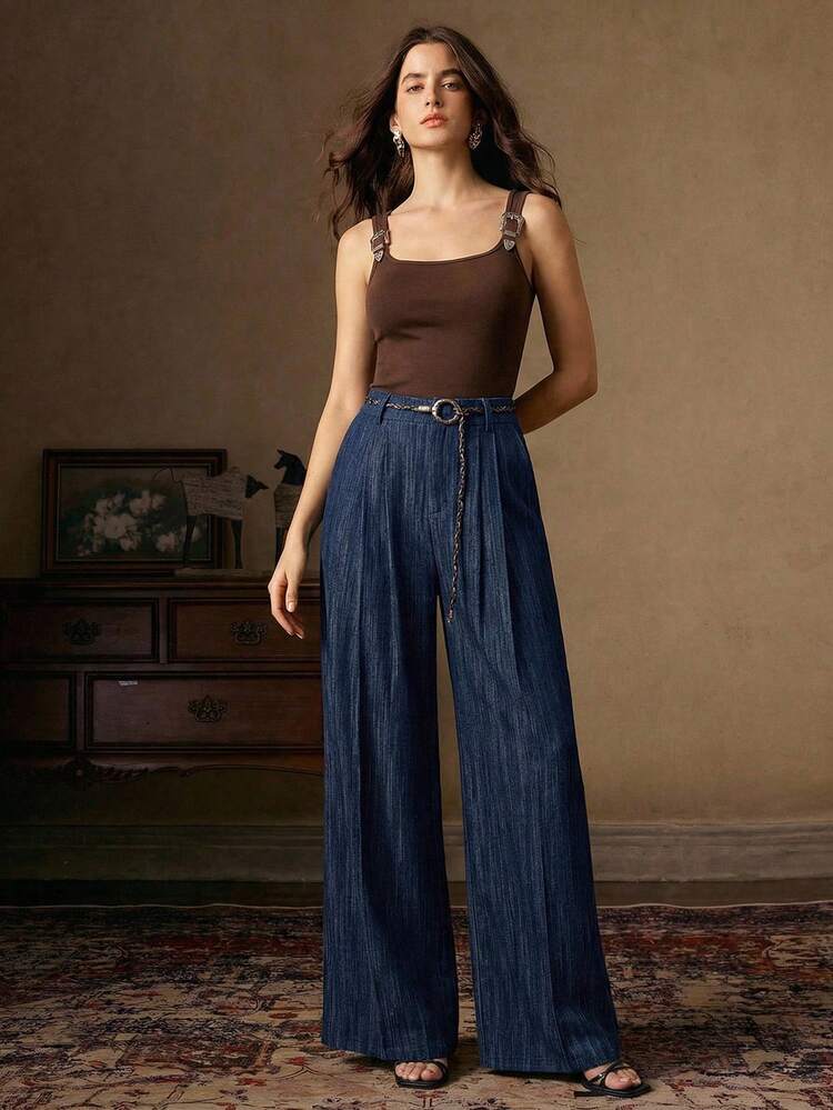 Vintage Chic High-Waisted Textured Fabric Wide-Leg Pants With Woven Belt For Women