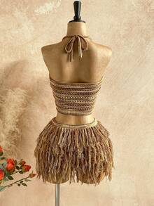 Soleia 女士V领露背系带露脐上衣搭配流苏迷你裙两件套，适合派对、圣诞节、约会、夜店、波西米亚风、度假、秋季等场合。 - 彩色 - 查看 2