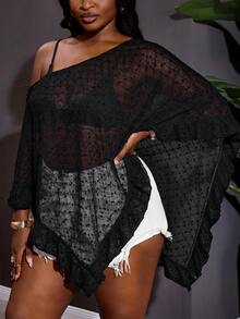 SHEIN CURVE+ Curve 尺码 US22 音乐节、海滨度假、波西米亚风女士黑色折叠半透明休闲钩针披肩，适合春夏外出和约会，沙滩度假罩衫 - 黑色 - 查看 6