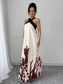 Rafferiza Đầm maxi nữ mùa hè phong cách Bohemian, cổ yếm, hở lưng, dây buộc nơ, phối màu tương phản, dáng xòe, họa tiết in nổi. - Đỏ - Xem 4