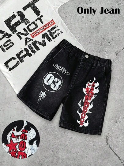 Young BoyLetter & Flame Print Black Denim Loose Shorts