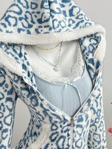 Elamini Áo khoác nỉ nữ dáng dài phối màu, có khóa kéo, họa tiết da báo, mềm mại và thoải mái, thích hợp cho mùa thu/đông, mặc đi học hoặc ở nhà. - Xanh và trắng - Xem 3