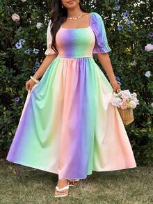 Vionelle 大码女式休闲优雅公主风A字短袖渐变色连衣裙，适合度假穿着 - 彩色 - 查看 3