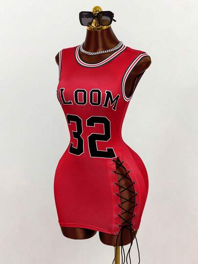  Mistrie 2026 New Vintage Casual Round Neck Contrasting Tie Rope Hem Fashion Printed Women's Dress, Women's Concert Street Clothing, Retro Hip-Hop Dress, Casual Street Dress