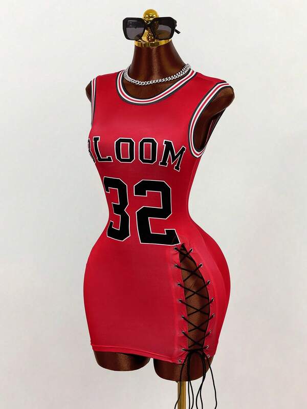 Mistrie Summer New Vintage Street Number Print Sexy Lace-Up Design Mini Dress For Women