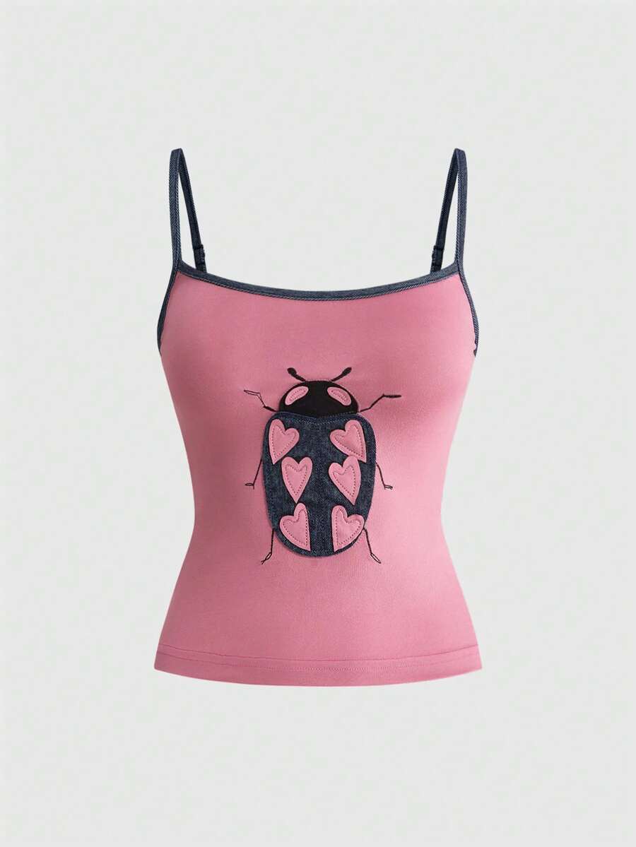 ROMWE Vintage Cute Ladybug Pattern Embroidered Spaghetti Strap - Pink - View 1