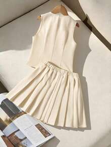 Firerie Kids 少女春夏时尚优雅通勤休闲简约纯色V领无袖开衫背心和百褶裙套装 - 杏色 - 查看 2