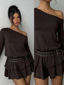Aloruh Women's Solid Color Asymmetric Shoulder Ruffle Hem Mini Dress, Autumn - Brown - View 8