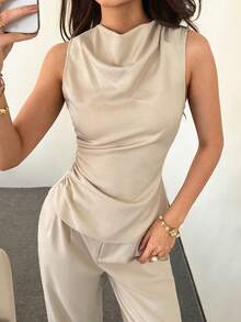 Modelyn Women's New Casual Elegant Simple Versatile Daily Commute Outfit, Featuring Pleated Waist Ruffle Trim, Asymmetric Hem, Stand Collar, Sleeveless, Soft & Comfortable Fabric Top/Tank - Khaki - View 6