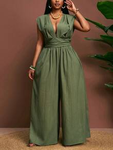 Veslaya 春夏新品音乐节、复活节、圣帕特里克节、西部风、游牧风、生日派对、毕业典礼、学院风、学生装、日常休闲、百搭基础款、休闲、邮轮旅行、海滩、日光浴、爆款、街头风、婚礼宾客波西米亚风、通勤、早午餐、极简基础款、Y2K街头风、畅销款、日常约会、机场无袖V领宽松大码连体裤 - 绿色 - 綠色 - 查看 4
