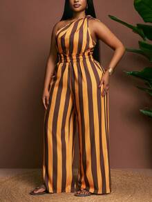 Slaydiva 春夏音乐节/万圣节服装、复活节、西部风、游牧风、生日派对、毕业典礼、学生装、日常休闲、百搭基础款、休闲、邮轮旅行、海滩、日光浴、潮流单品、商务休闲、单肩、扭结、露肩、露背、短款上衣和直筒宽松裤、荷叶边、口袋、纹理面料、大码两件套 - 棕色条纹、夏季服装 - 棕色 - 查看 11