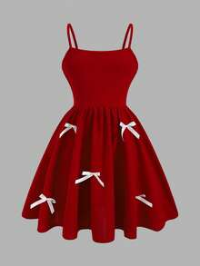 SHEIN Tween Girl Casual Elegant Bow Decor Top And Dress Set, Bow Clothes, - Red and White - View 6