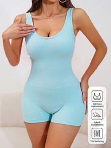Eraneu 1pc Women Seamless Comfortable Tummy Control Lift Butt Bodysuit - Mint Blue - View 5