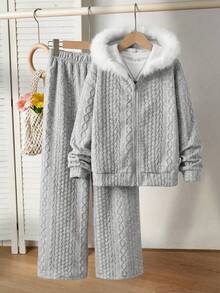 SHEIN 少女提花针织连帽开衫和宽松长裤两件套 - 淺灰色 - 查看 7