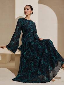 Graceveil Đầm nữ màu xanh ô liu mùa thu, chất liệu chiffon, in hoa, thiết kế thắt eo thanh lịch, thích hợp cho đi chơi và hẹn hò. - Màu xanh lá cây đậm - Xem 6