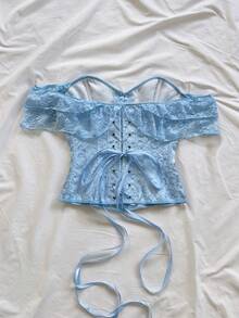 Soleia 春夏新款休闲度假西部海滩婚礼宾客礼服毕业早午餐女装，圣帕特里克节春假复活节音乐节优雅波西米亚热带浪漫露背蝴蝶结纹理蕾丝边衬衫 - 淺藍色 - 查看 2