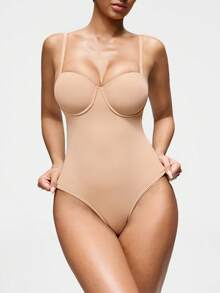 SHAPORA Women's Adjustable Strap Solid Color Bodysuit, Slim Fit For Everyday Wear - Apricot - View 4