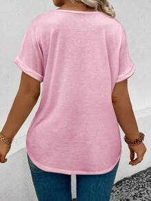 Selamara Plus Size V-Neck Cuffed Sleeve Solid Color T-Shirt, Summer - Pink - View 2