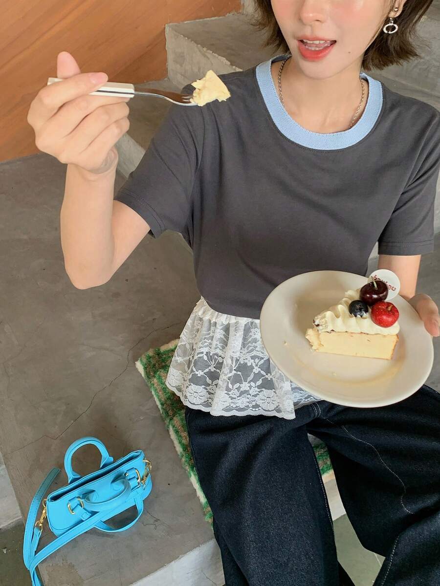 DAZY Women's Stylish American Shoulder Short Sleeve T-Shirt, Slim Fit Casual Top - Grey - View 1