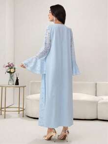 Yasmyna Elegantes Damen Kleid im arabischen Stil mit Spitze, Perlen und Glockenärmeln, Blau, Frühling/Sommer - Blau - Übersicht 2