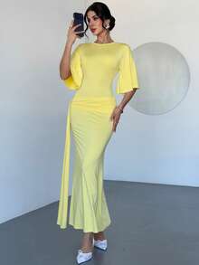 Firerie Women's Elegant, Exquisite, Romantic, Sexy & Charming Party, Valentine's Day, Date, Ball, Holiday, Wedding Guest Dress With 3/4 Sleeves, Flowing Ribbon, Backless, Cream Yellow, Extra Long - Yellow - View 2