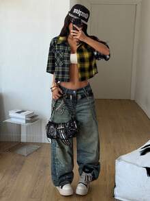 Coolane Áo croptop kẻ caro dáng rộng phong cách vintage mùa xuân/hè cho nữ, màu đỏ, thích hợp cho năm mới. - Nhiều màu - Xem 2
