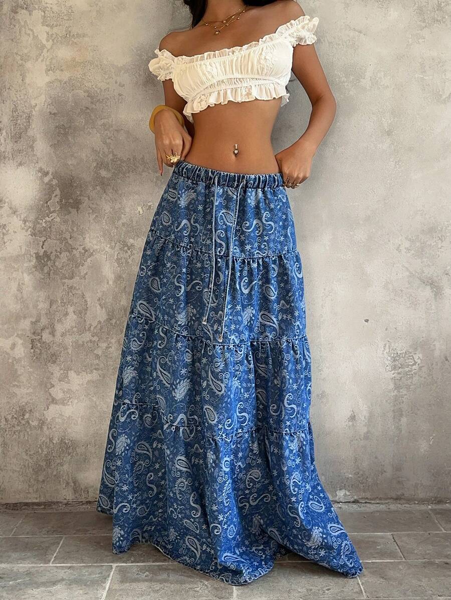 Sunnyshic 女士时尚佩斯利印花长款牛仔裙 - 藍色 - 查看 1