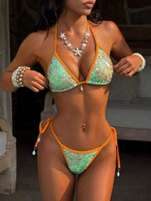 Swim SXY Bộ 2 áo tắm in họa tiết đính sequin phối màu tương phản, phong cách retro ngọt ngào dễ thương, thích hợp cho nữ đi biển nghỉ dưỡng. - Nhiều màu - Xem 6