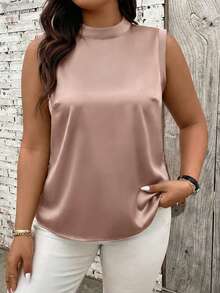 EMERY ROSE Satin Sleeveless Turtleneck Top With Draped Open Back Design - Coffee Brown - View 3