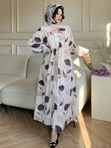 DAZY Printed Long Sleeve Casual Loose Cardigan Dress For Women, Daily Wear - Beige - View 6