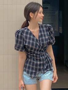 DAZY Women's Plaid Shirt, Casual Waist Cinched Blouse, Slimming Top - Navy Blue - View 9