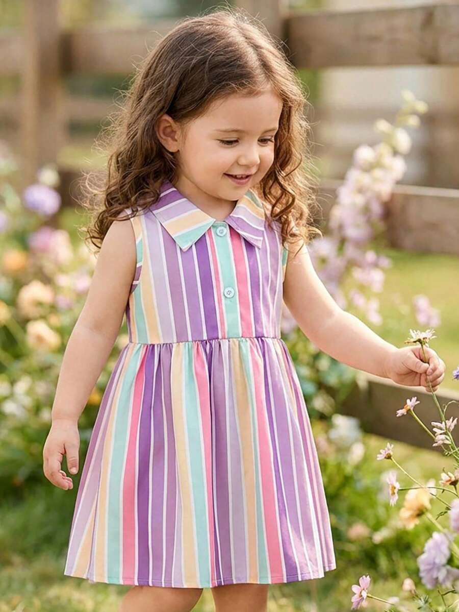 SHEIN Vintaside Kids 女婴可爱彩色格子无袖polo领连衣裙，适合夏季购物和户外玩耍 - 紫色 - 查看 1