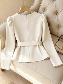 GlowEve Women's Elegant Elegant Office Commute Minimalist Solid Color Faux Pearl Decor Puff Sleeve Belted Top, Spring/Autumn - Beige - View 2