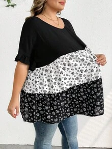 SHEIN CURVE+ Plus Size Casual Colorblock Ditsy Floral Shirt, Relaxed Holiday Vibe, Suitable For Country Music Festivals, Women's Boho Style, Spring Year - Multicolor - View 4