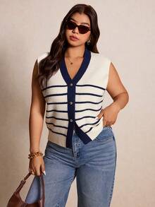 Elaquor Plus Size Casual Leopard Print Knit Vest Cardigan In Fall/Winter - Apricot - View 1