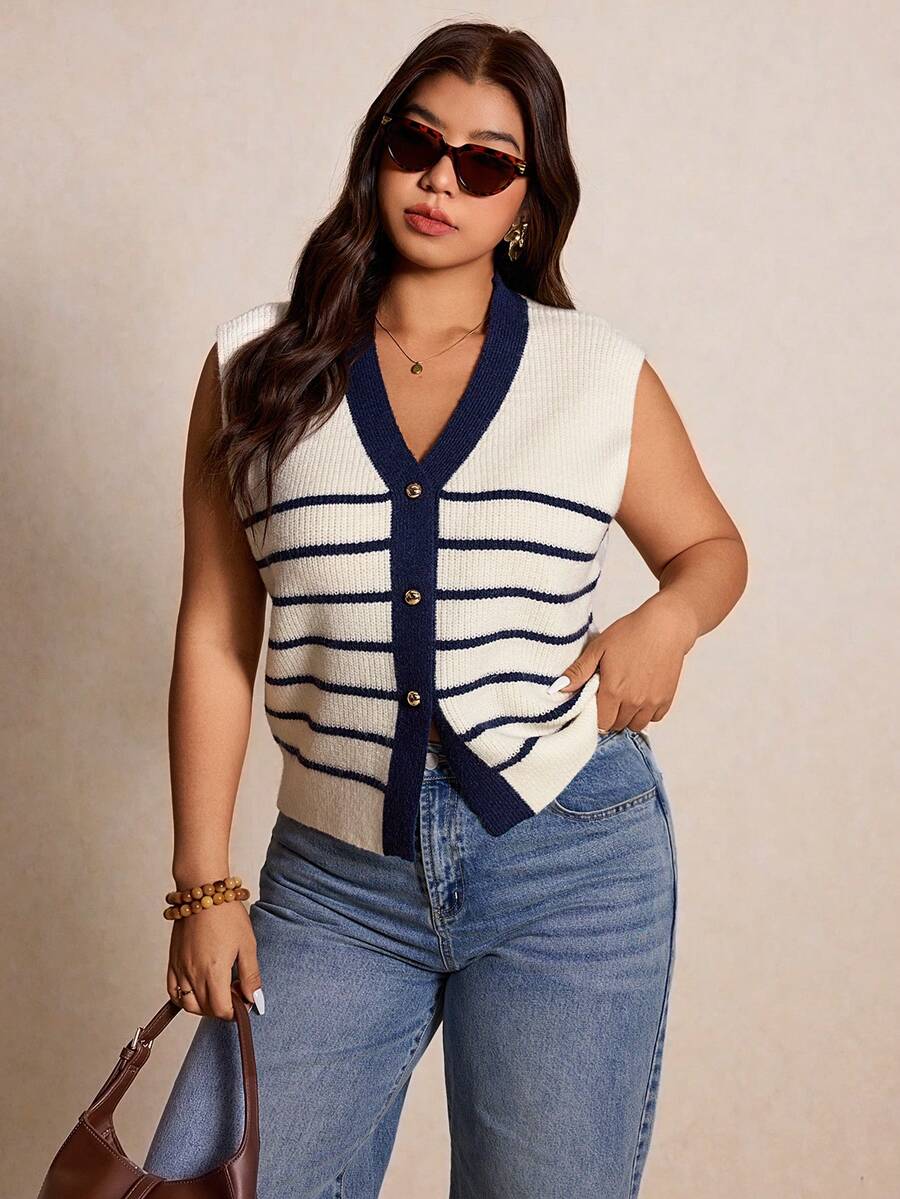 Elaquor Plus Size Casual Leopard Print Knit Vest Cardigan In Fall/Winter - Apricot - View 1