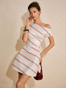 Poéselle 女士条纹不对称腰部褶皱连衣裙 - 彩色 - 查看 1