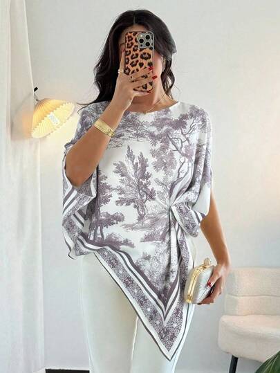 Rafferiza Women's Elegant Landscape Sketch Print Round Neck Asymmetrical Hem Batwing Sleeve Fashion Top