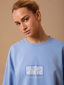 SURIMA Casual Minimalist Printed Pattern Hooded Long Sleeve Loose Fit Women Sweatshirt - Dusty Blue - View 6