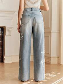 Anewsta 休闲水洗斜插口袋花卉刺绣直筒牛仔裤 - 灰色 - 查看 3