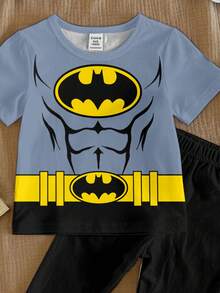 BATMAN X SHEIN 2件套男童休闲蝙蝠印花短袖上衣和修身睡裤套装，适合春夏穿着 - 彩色 - 查看 4