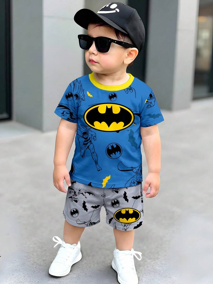 BATMAN X SHEIN 2 piezas Conjunto de camiseta gráfica clásica y pantalones cortos casuales para niño, adecuado para el verano - Multicolor - Ver 1