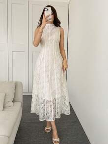 Modelyn Women's Stand Collar Lace Patchwork Elegant Waist Cinched Midi Party Dress - White - View 2