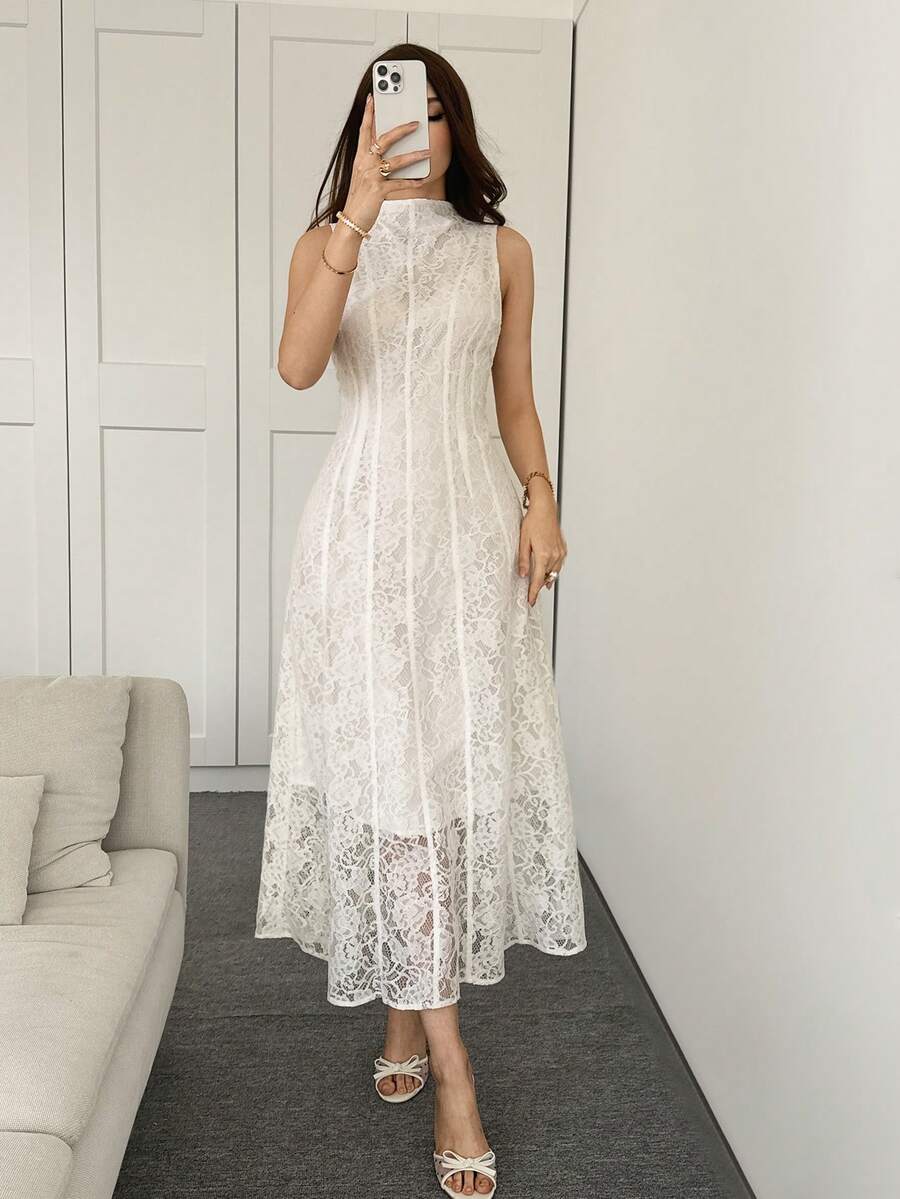 Modelyn Women's Stand Collar Lace Patchwork Elegant Waist Cinched Midi Party Dress - White - View 1