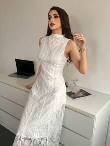 Modelyn Women's Stand Collar Lace Patchwork Elegant Waist Cinched Midi Party Dress - White - View 1