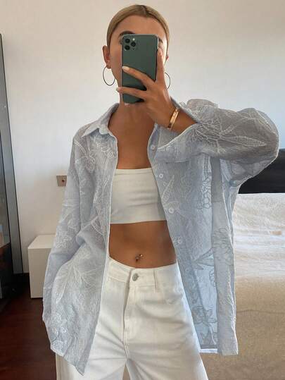 DAZY Striped Embroidered Loose Long Sleeve Collared Casual/Resort Summer Blouse For Women