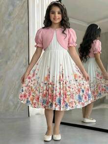 SHEIN Conjunto de top corto de manga abullonada y vestido con estampado floral elegante para niña preadolescente - Rosa - Ver 1