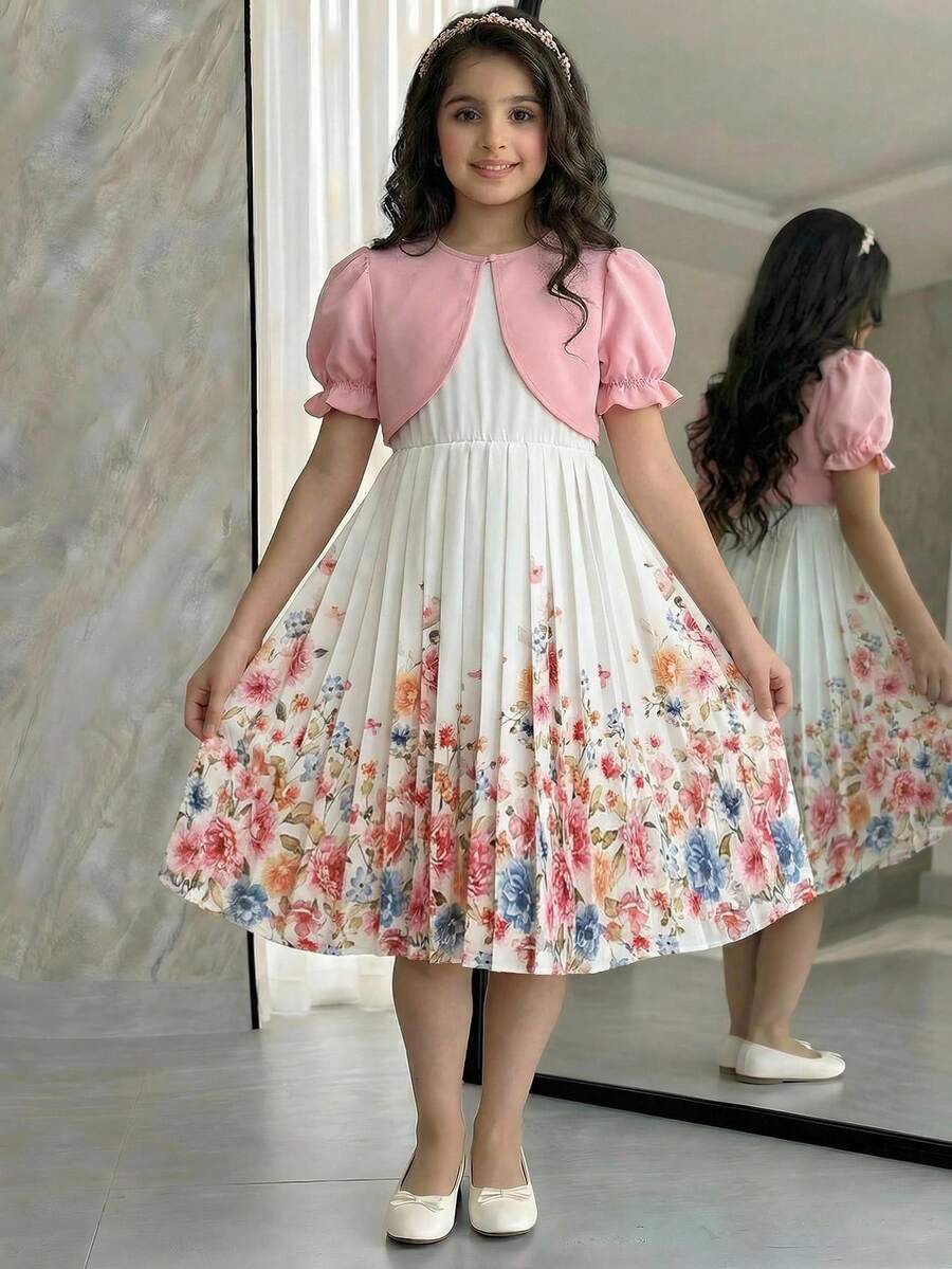 SHEIN Conjunto de top corto de manga abullonada y vestido con estampado floral elegante para niña preadolescente - Rosa - Ver 1