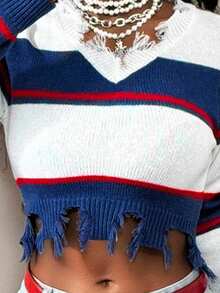 BamGleam Women's V-Neck Long Sleeve Blue White Stripe Ripped Distressed Fringe Pullover Knit Sweater,Autumn Streetwear Everyday Back To School Fashion Casual - Blue and White - View 8